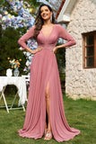 Dusty Rose A-linje V-hals lange ermer Chiffon lang formell kjole