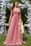 Dusty Rose A-linje V-hals lange ermer Chiffon lang formell kjole