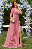 Dusty Rose A-linje V-hals lange ermer Chiffon lang formell kjole