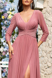 Dusty Rose A-linje V-hals lange ermer Chiffon lang formell kjole