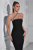 Svart One Shoulder Bodycon Lang Festkjole