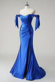 Royal Blue Mermaid Off the Shoulder plissert ballkjole