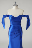 Royal Blue Mermaid Off the Shoulder plissert ballkjole