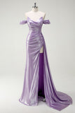 Glitrende Off The Shoulder Lilac Ruched Side Cape Ballkjole med Splitt