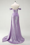 Glitrende Off The Shoulder Lilac Ruched Side Cape Ballkjole med Splitt