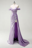 Glitrende Off The Shoulder Lilac Ruched Side Cape Ballkjole med Splitt