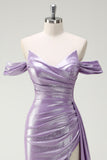 Glitrende Off The Shoulder Lilac Ruched Side Cape Ballkjole med Splitt