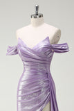 Glitrende Off The Shoulder Lilac Ruched Side Cape Ballkjole med Splitt