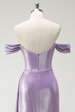 Glitrende Off The Shoulder Lilac Ruched Side Cape Ballkjole med Splitt