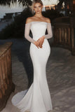 Elegant Elfenben Off the Shoulder Beaded Mermaid Lang brudekjole med lange ermer