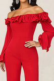 Rød Ruffled Off the Shoulder Mother Of the Bride Jumpsuit med lange ermer