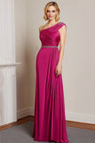 Fuchsia One Shoulder Slire Sateng Rynket Lang Ballkjole