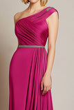 Fuchsia One Shoulder Slire Sateng Rynket Lang Ballkjole