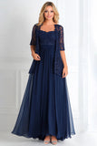 Elegant Navy A Line Båthals Chiffon Blonder Applique Lang Mor Av Bruden Kjole Med 3/4 Ermer