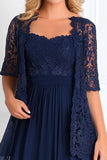 Elegant Navy A Line Båthals Chiffon Blonder Applique Lang Mor Av Bruden Kjole Med 3/4 Ermer