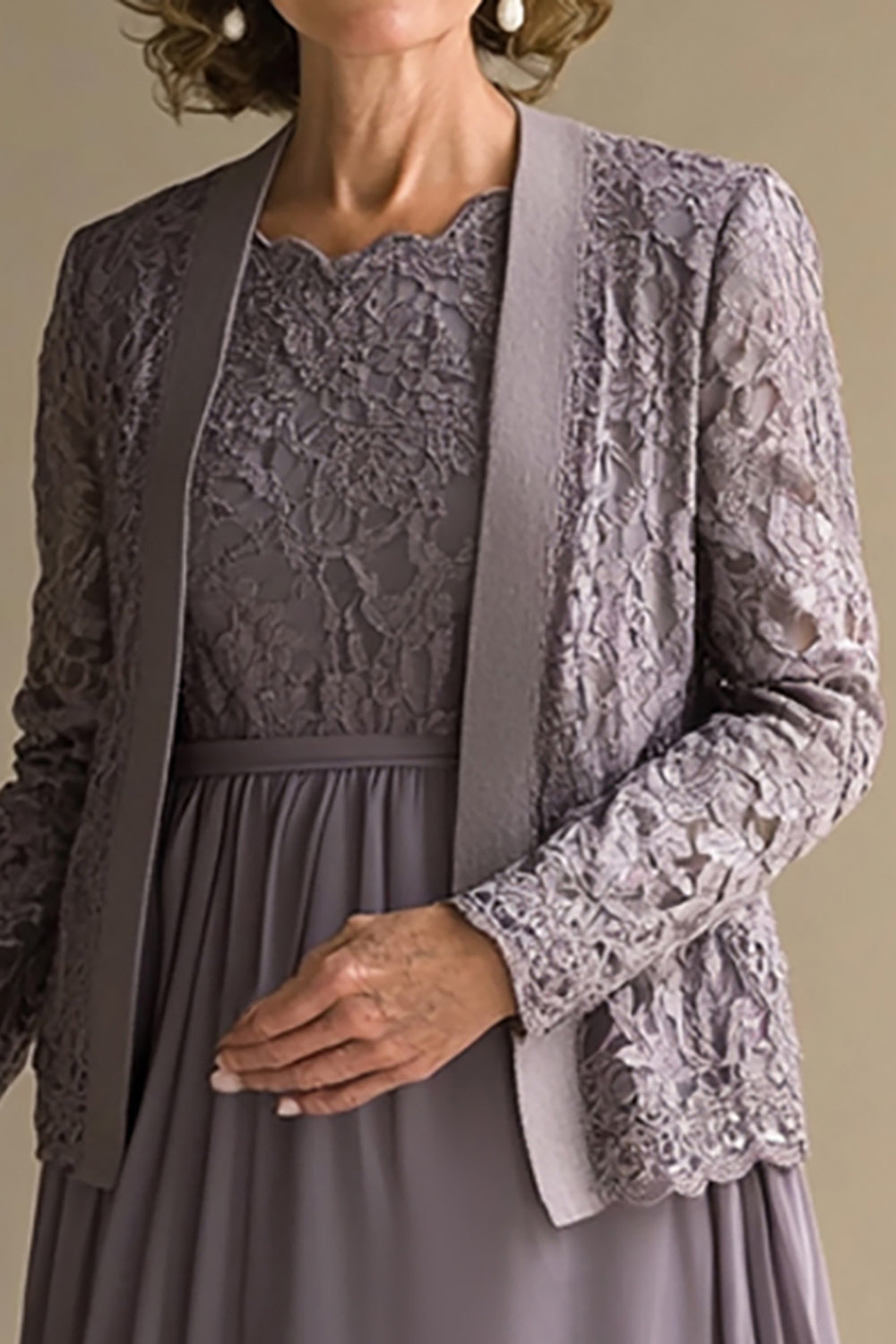 Vintage Mauve A-Line Scoop Blonder Topp Chiffon Knelengde Brudens Mor Kjole Med Blonder Jakke