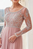 Elegant Blush Båthals Applique Slire Lang mor til bruden med lange ermer