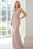 Elegant Taupe V-hals Applique Slire Matt Sateng Lang mor til bruden