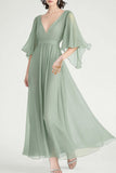 Dusty Sage A Line V-hals Chiffon Angel Ermer Formell Kjole