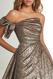 Gull Glitter Stoff A Line One Shoulder Plissert Ballkjole med Splitt