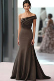 En skulder Kaffe Crepe Slire Ruched Gala Kjole