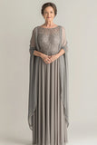 Elegant Sliver A-Line Scoop Lang Chiffon Kjole Av Brudens Mor med Blonder Appliques