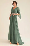 Elegant Eucalyptus A-linje V-hals Ruched Lang Chiffon Mother Of the Bride Kjole med Halve Ermer