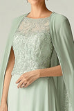 Elegant Mint A-linje Scoop Chiffon Beaded Lang Mor Av Bruden Kjole med Cap