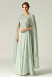 Elegant Mint A-linje Scoop Chiffon Beaded Lang Mor Av Bruden Kjole med Cap