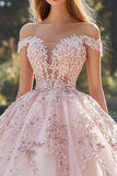 Blush Off the Shoulder Ball Kjole Tyll Quinceanera Kjole med applikasjoner