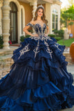 Navy Princess Off the Shoulder Organza Ruffled Quinceanera kjole med applikasjoner