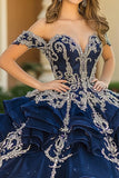 Navy Princess Off the Shoulder Organza Ruffled Quinceanera kjole med applikasjoner