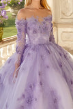 3D Blomst Lange Ermer Off The Shoulder Lilla Ballkjole Quinceanera Kjole