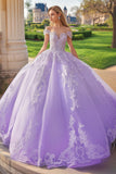 Prinsesse Lilla Ballkjole Off the Shoulder Tyll Quinceanera Kjole med applikasjoner