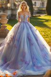 Prinsesse lavendel ballkjole fra skulderen tyll Quinceanera kjole med 3D-blomster