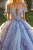 Prinsesse lavendel ballkjole fra skulderen tyll Quinceanera kjole med 3D-blomster