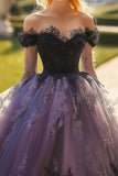 Prinsesse Svart Off the Shoulder Tyll Quinceanera kjole med blonder applikasjoner