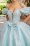 Prinsesse Himmelblå ballkjole fra skulderen Lace-Up Front Appliques Tyll Quinceanera kjole med sløyfe
