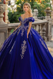Prinsesse kongeblå ballkjole fra skulderen tyll Quinceanera kjole med blonder applikasjoner