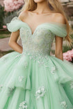 Prinsesse Mint ballkjole Off the Shoulder Ruffles Tyll Quinceanera kjole med blonder applikasjoner