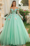 Mint Off The Shoulder Tyll Quinceanera kjole med 3D-blomster