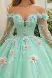 Mint Off The Shoulder Tyll Quinceanera kjole med 3D-blomster