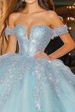 Prinsesse Sky Blå Ballkjole Off the Shoulder Tyll Quinceanera Kjole med applikasjoner
