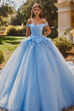 Glitrende himmelblå ballkjole fra skulderen paljetter 3D-blomster tyll quinceanera kjole