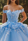 Glitrende himmelblå ballkjole fra skulderen paljetter 3D-blomster tyll quinceanera kjole