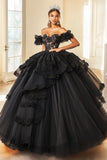 Prinsesse svart ballkjole fra skulderen Blonder Ruffles Tyll Quinceanera kjole