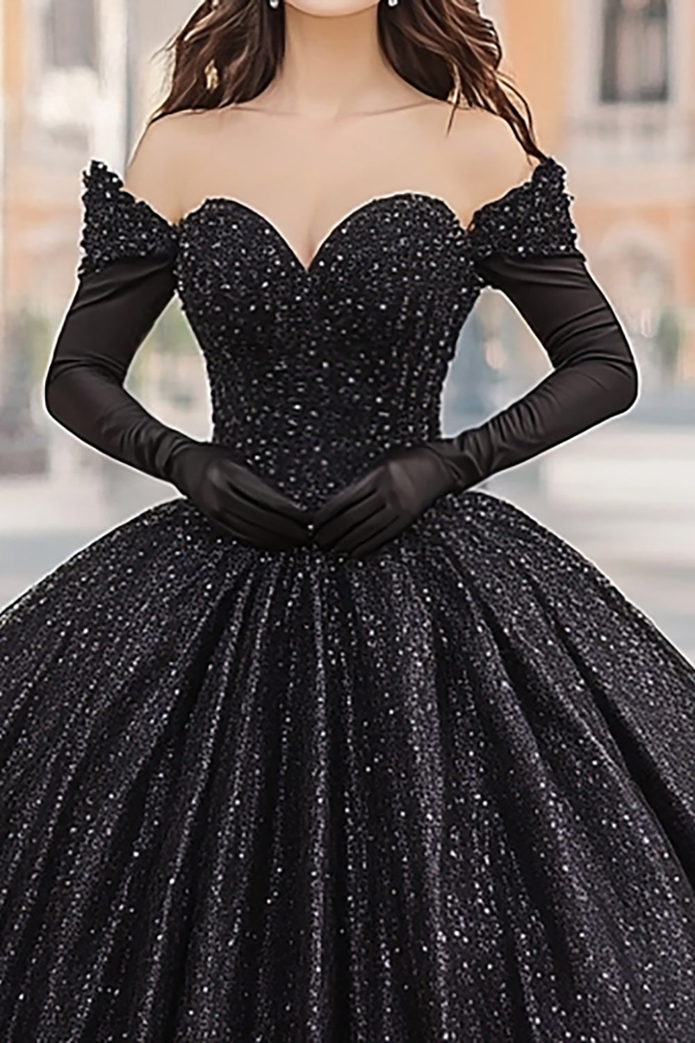 Svart Off The Shoulder Ball Kjole Lang Quinceanera Kjole med Lange Ermer