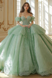 Mint Off The Shoulder Tyll Blonder Appliqued Quinceanera Kjole
