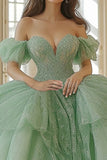 Mint Off The Shoulder Tyll Blonder Appliqued Quinceanera Kjole