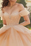 Champagne Off The Shoulder Tyll Blonder Appliqued Quinceanera Kjole